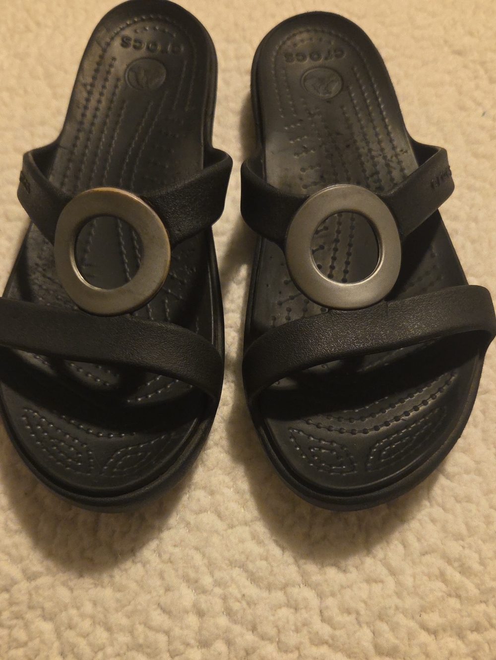CROCS Black Slide Sandals with Silver Ring Accent